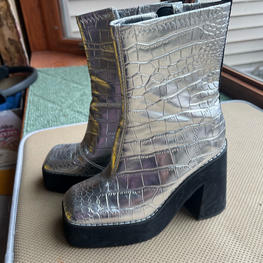 Silver Croc-Embossed Platform Boots
